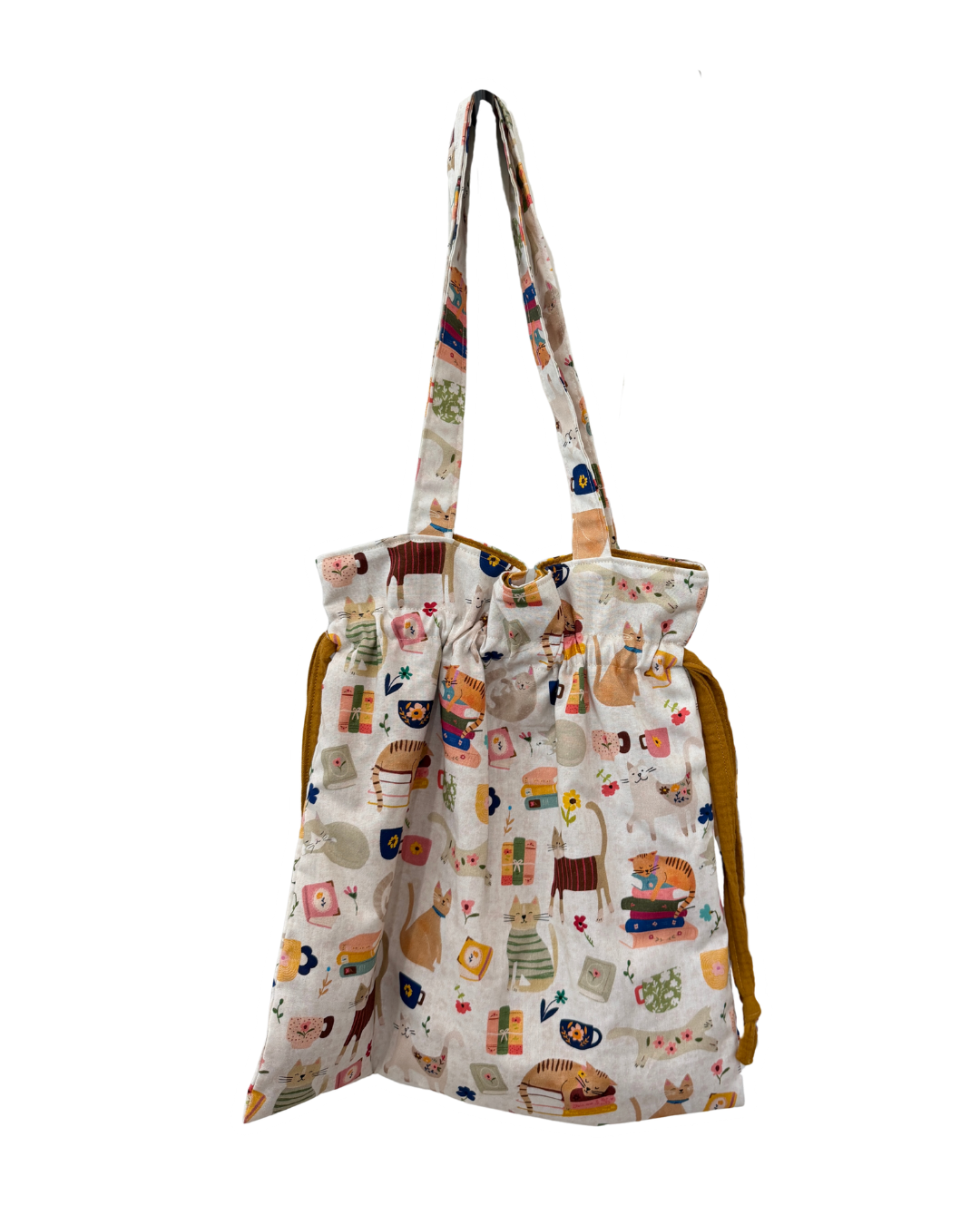 Drawstring Tote Bag, Cats & Books