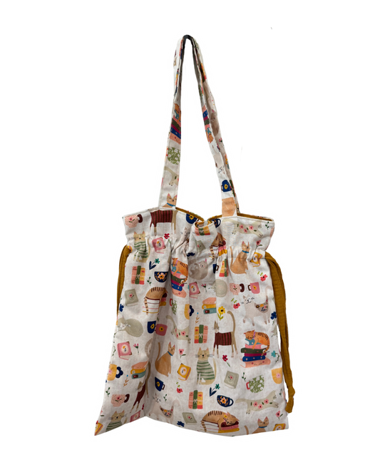 Drawstring Tote Bag, Cats & Books