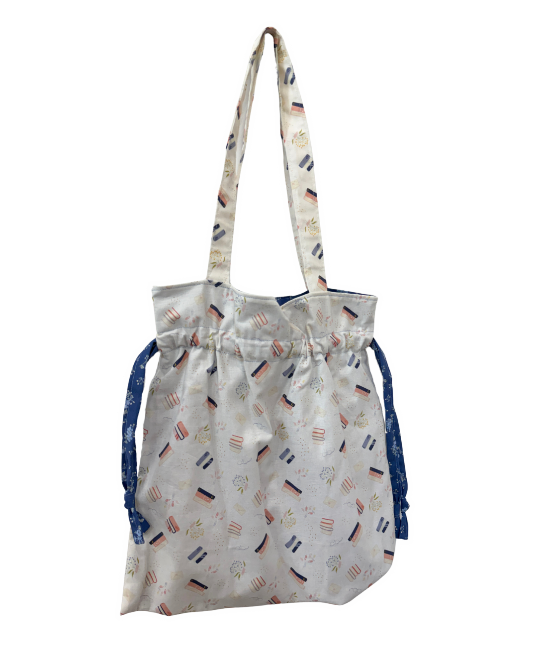Drawstring Tote Bag, Blue Floral Bookish
