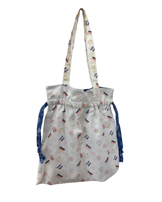 Drawstring Tote Bag, Blue Floral Bookish